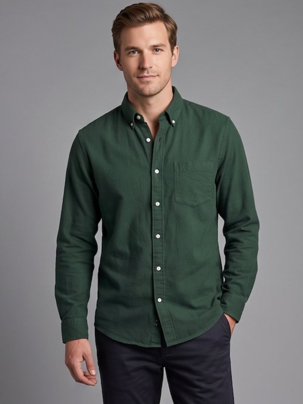 H&M Forest Green Men's Regular Fit Cotton Oxford Shirt – Mid Weight Long Sleeve